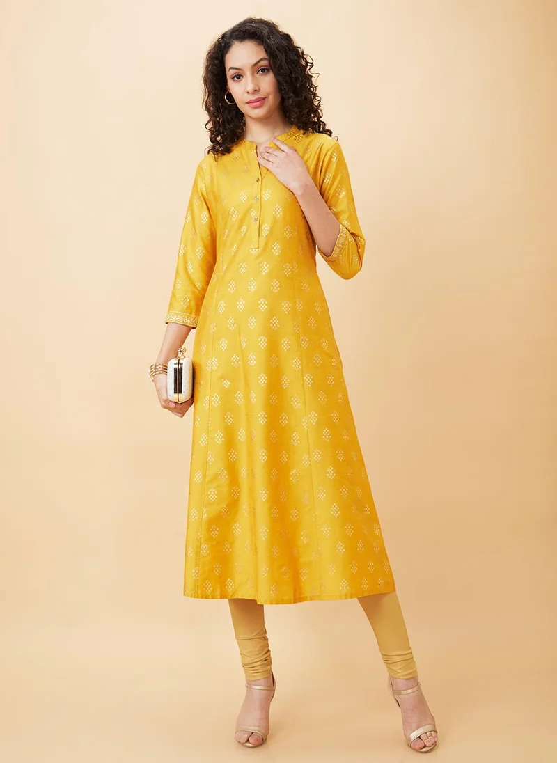 جلو باص Globus Women Mustard Yellow Ethnic Motifs Printed Mandarin Collar Regular Festive Kurta